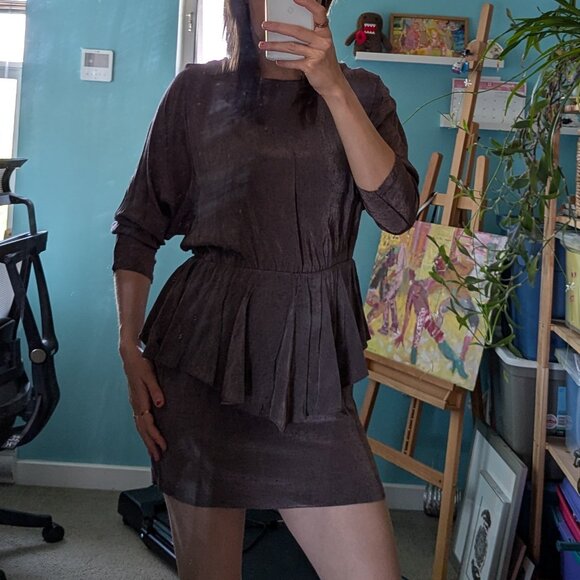 Vintage metallic-like purple mini dress with flattering hip skirt, size M - Picture 11 of 15